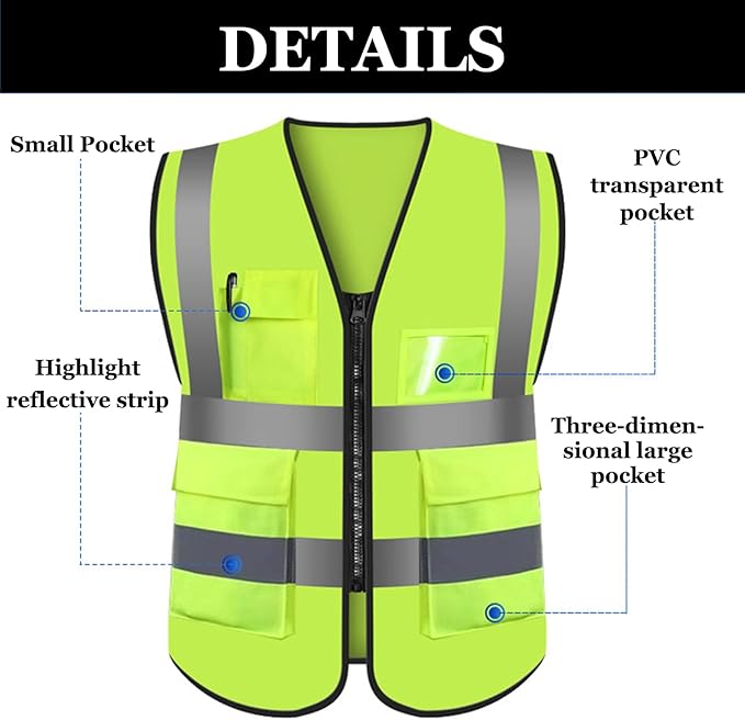 "Custom High-Visibility Safety Vests with Pockets and Zipper – Personalized Logo, Text, or Name for Men and Women, Available in Bulk"