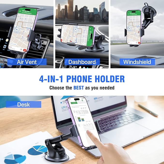 Car Phone Holder, 4-in-1 Mobile Holder for Car, Phone Holder Car for Dashboard & Air Vent & Windshield, Compatible with iPhone 14 Pro Max 13 12 11, Samsung S23, Xiaomi, Google and More