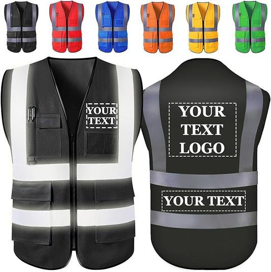 "Custom High-Visibility Safety Vests with Pockets and Zipper – Personalized Logo, Text, or Name for Men and Women, Available in Bulk"