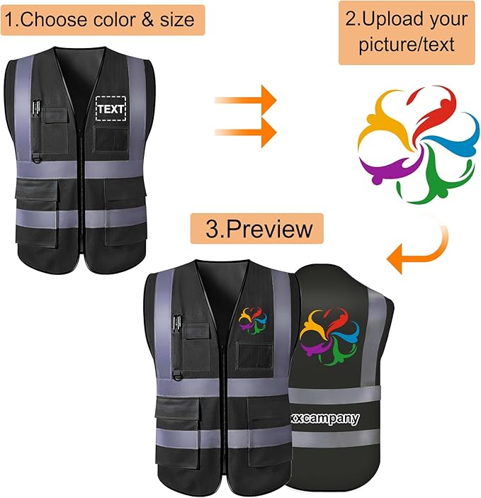 "Custom High-Visibility Safety Vests with Pockets and Zipper – Personalized Logo, Text, or Name for Men and Women, Available in Bulk"