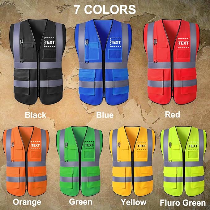 "Custom High-Visibility Safety Vests with Pockets and Zipper – Personalized Logo, Text, or Name for Men and Women, Available in Bulk"