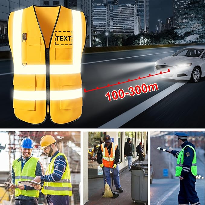 "Custom High-Visibility Safety Vests with Pockets and Zipper – Personalized Logo, Text, or Name for Men and Women, Available in Bulk"